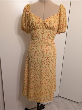 J.O.A. Yellow Floral Puff Sleeve Midi Dress